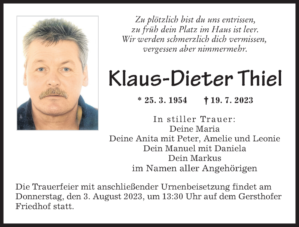 Traueranzeige von Klaus-Pieter Thiel von Augsburger Allgemeine