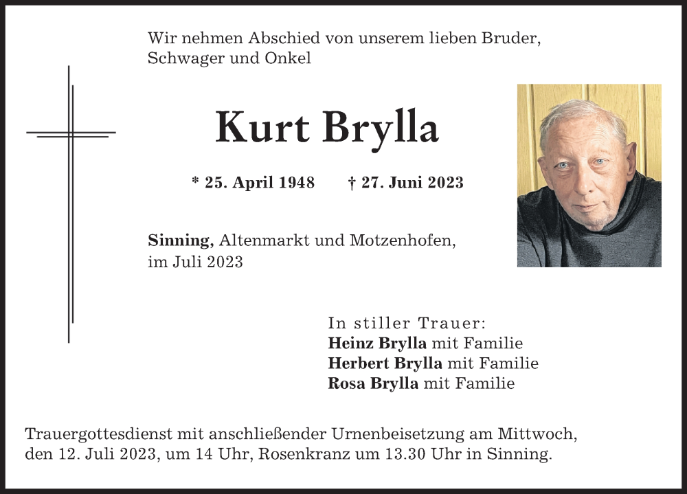 Traueranzeige von Kurt Brylla von Neuburger Rundschau