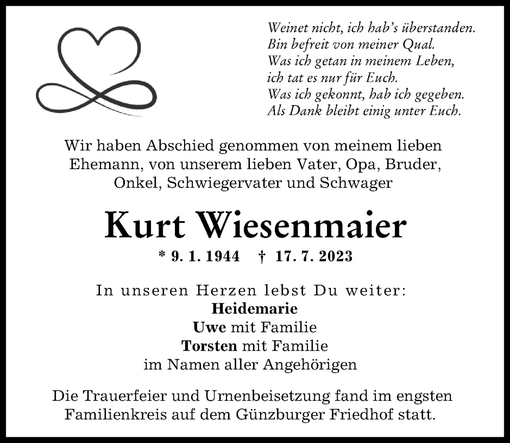 Traueranzeige von Kurt Wiesenmaier von Günzburger Zeitung