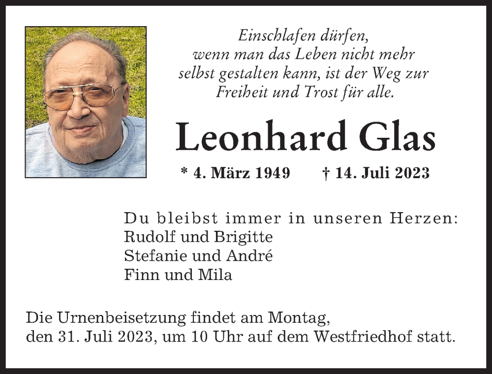  Traueranzeige für Leonhard Glas vom 29.07.2023 aus Augsburger Allgemeine