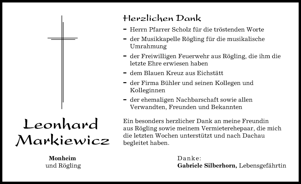 Traueranzeige von Leonhard Markiewicz von Donauwörther Zeitung