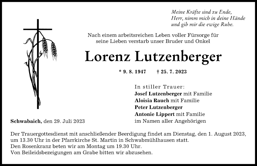 Traueranzeige von Lorenz Lutzenberger von Schwabmünchner Allgemeine