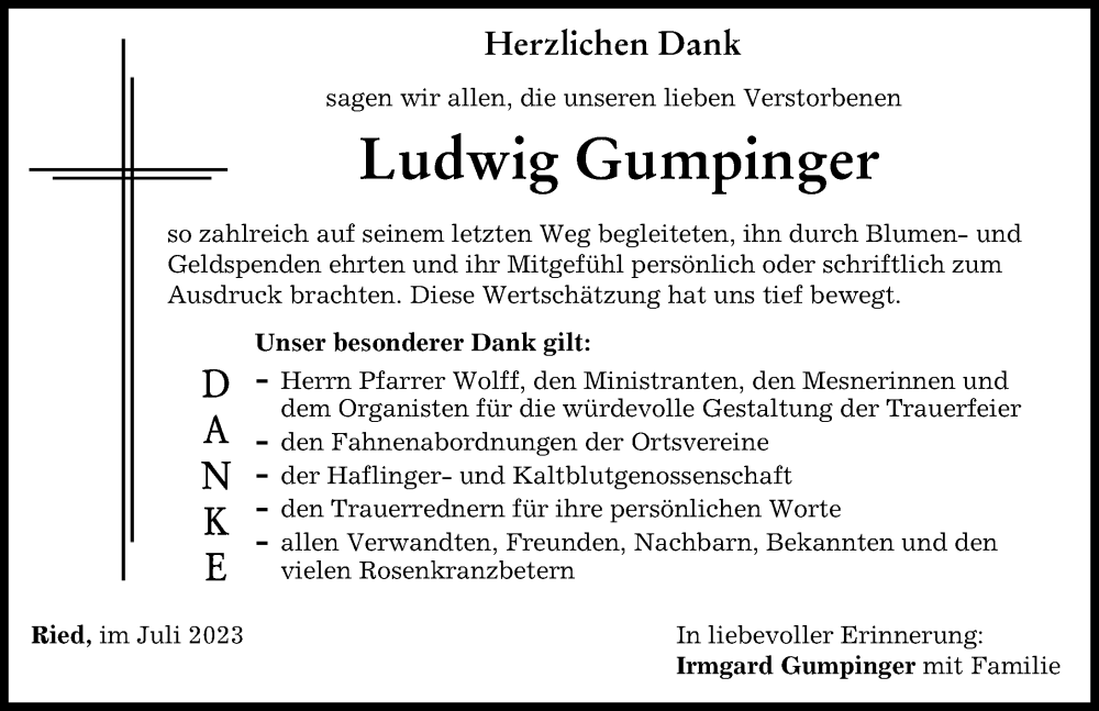 Traueranzeige von Ludwig Gumpinger von Augsburg-Land