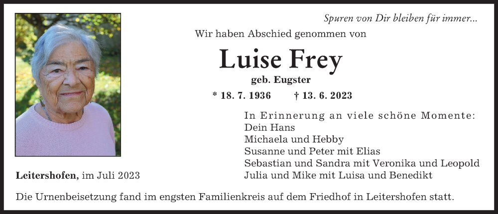 Traueranzeige von Luise Frey von Augsburger Allgemeine