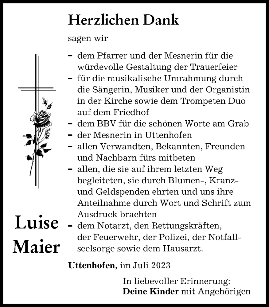 Traueranzeige von Luise Maier von Augsburg-Land, Mittelschwäbische Nachrichten