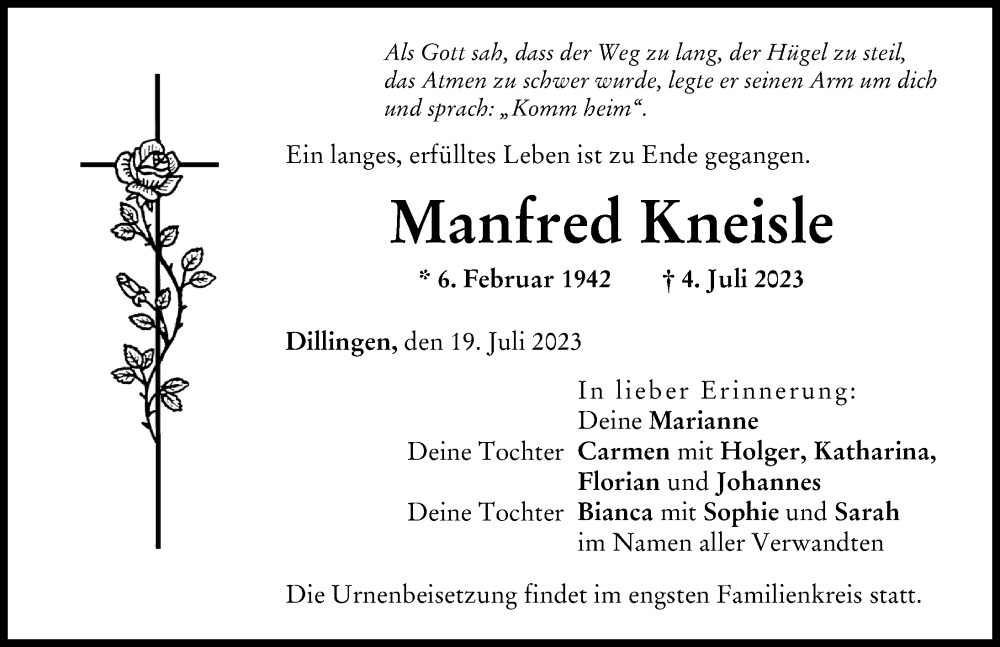 Traueranzeige von Manfred Kneisle von Donau Zeitung