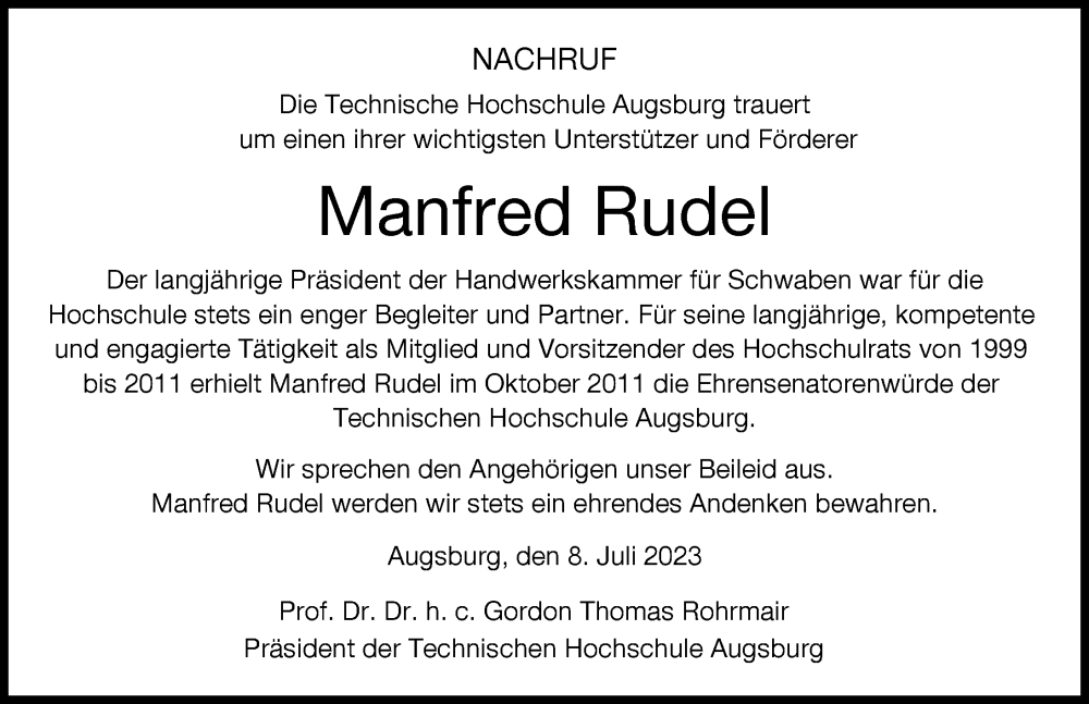 Traueranzeige von Manfred Rudel von Augsburger Allgemeine