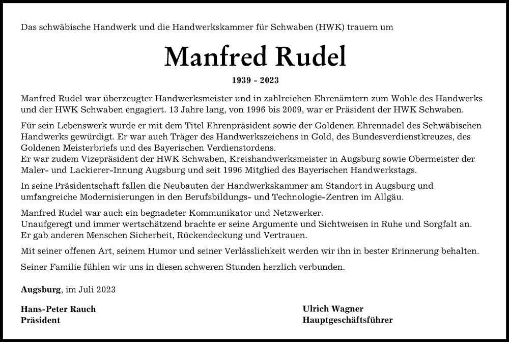 Traueranzeige von Manfred Rudel von Augsburger Allgemeine