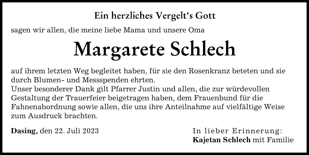 Traueranzeige von Margarete Schlech von Friedberger Allgemeine