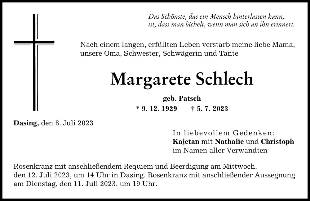 Traueranzeige von Margarete Schlech von Friedberger Allgemeine