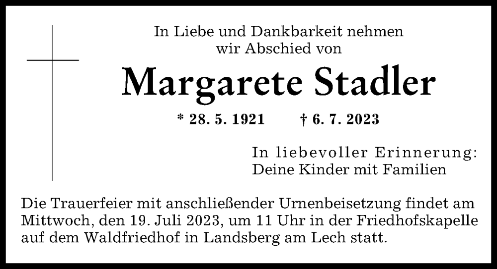 Traueranzeige von Margarete Stadler von Landsberger Tagblatt