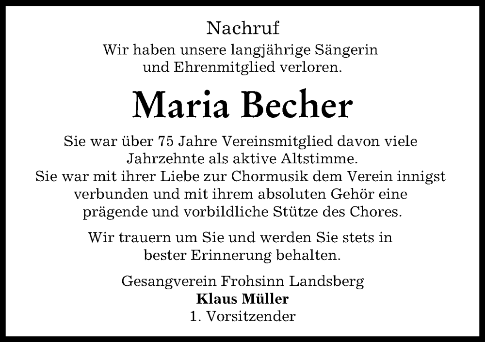 Traueranzeige von Maria Becher von Landsberger Tagblatt