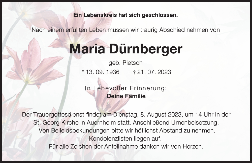 Traueranzeige von Maria Dürnberger von Donauwörther Zeitung