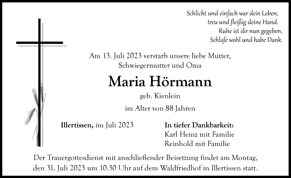 Traueranzeige von Maria Hörmann von Illertisser Zeitung