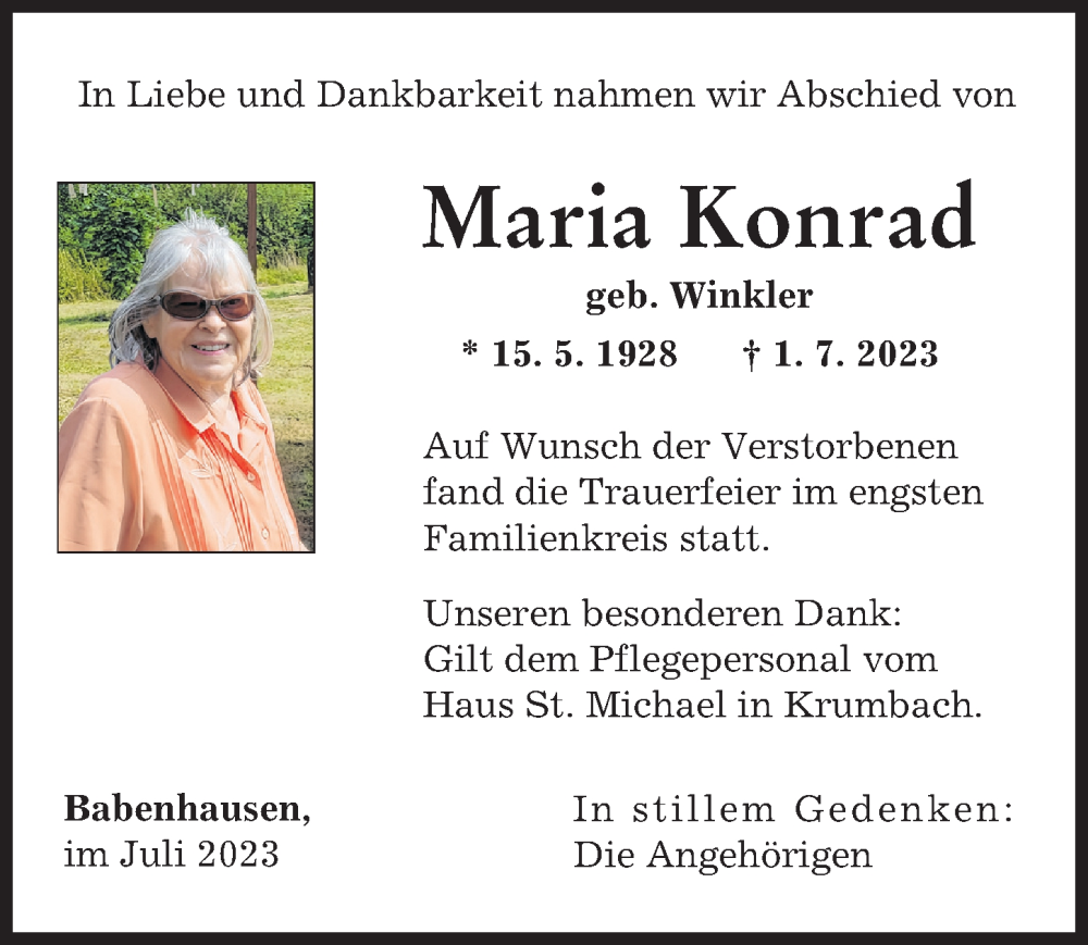 Traueranzeige von Maria Konrad von Illertisser Zeitung