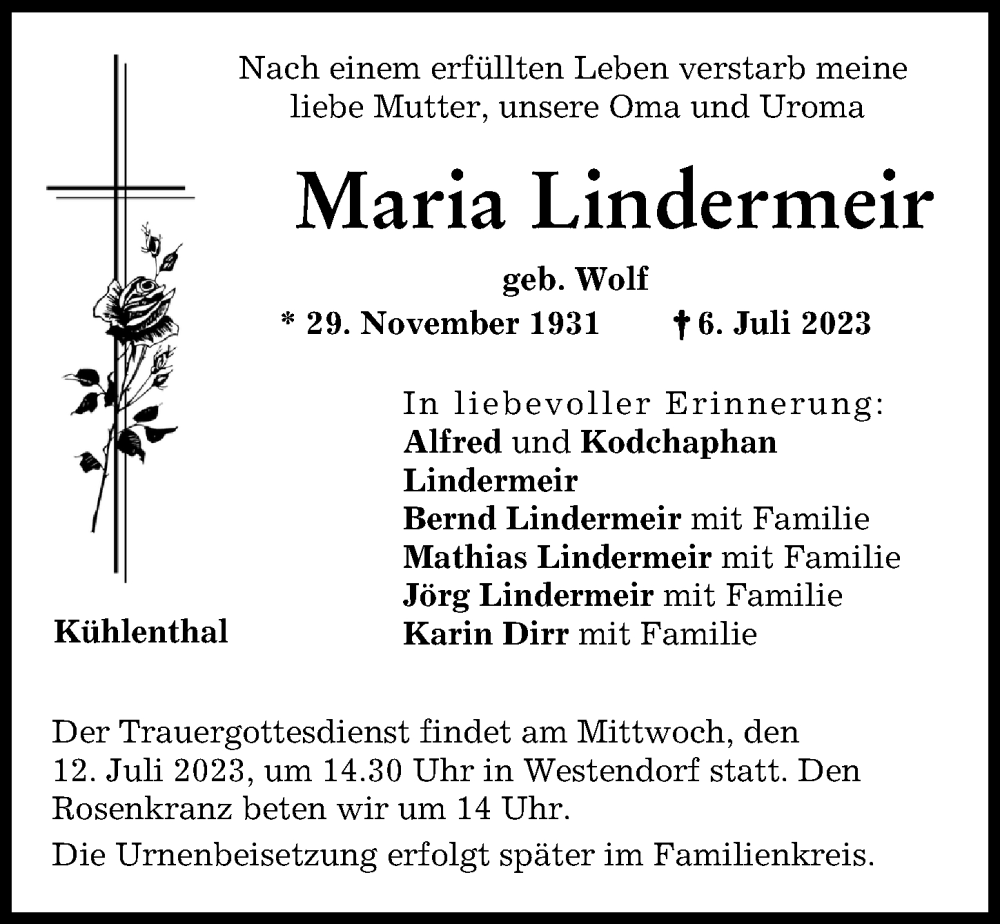 Traueranzeige von Maria Lindermeir von Augsburg-Land