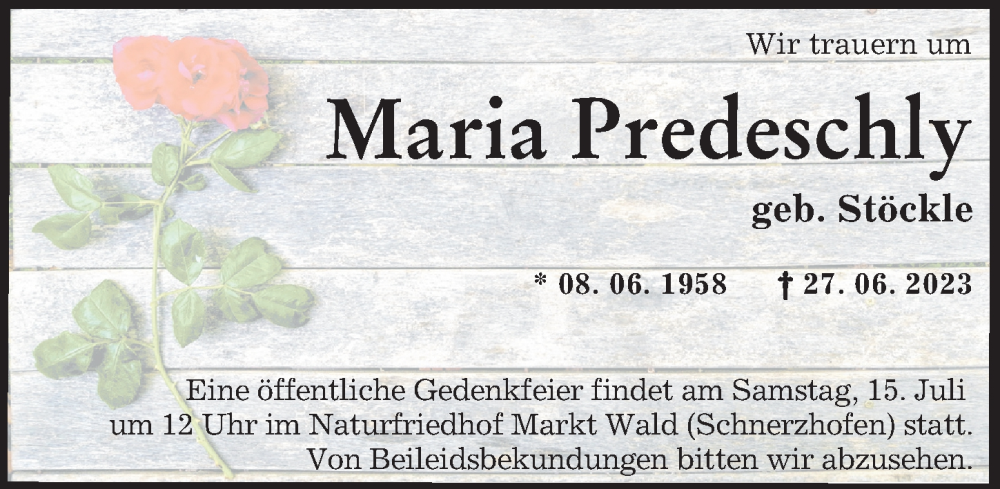 Traueranzeige von Maria Predeschly von Augsburger Allgemeine