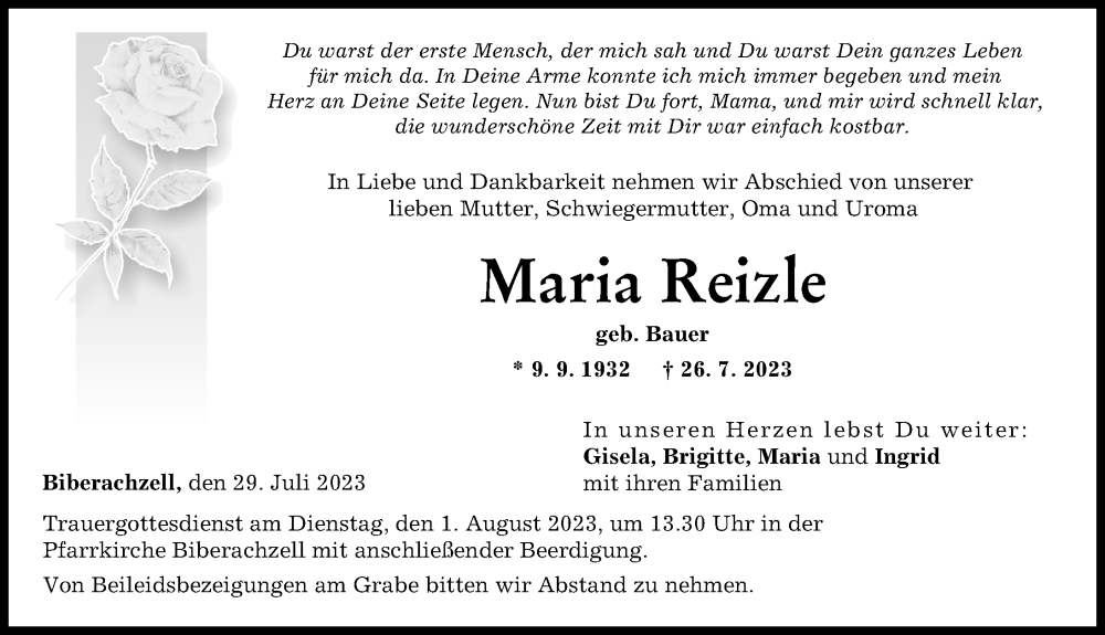 Traueranzeige von Maria Reizle von Neu-Ulmer Zeitung