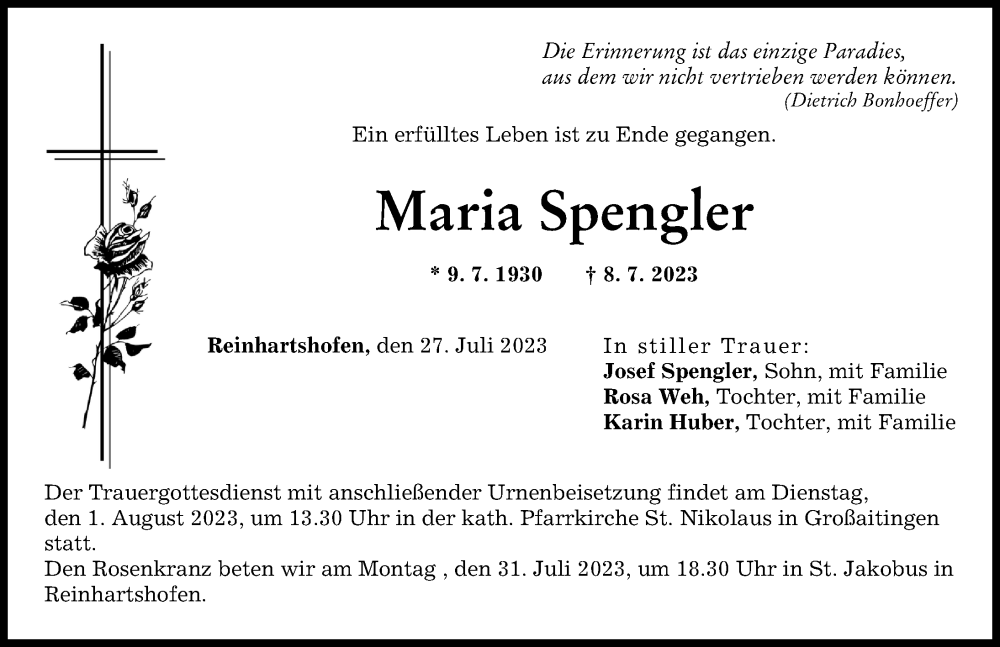 Traueranzeige von Maria Spengler von Schwabmünchner Allgemeine