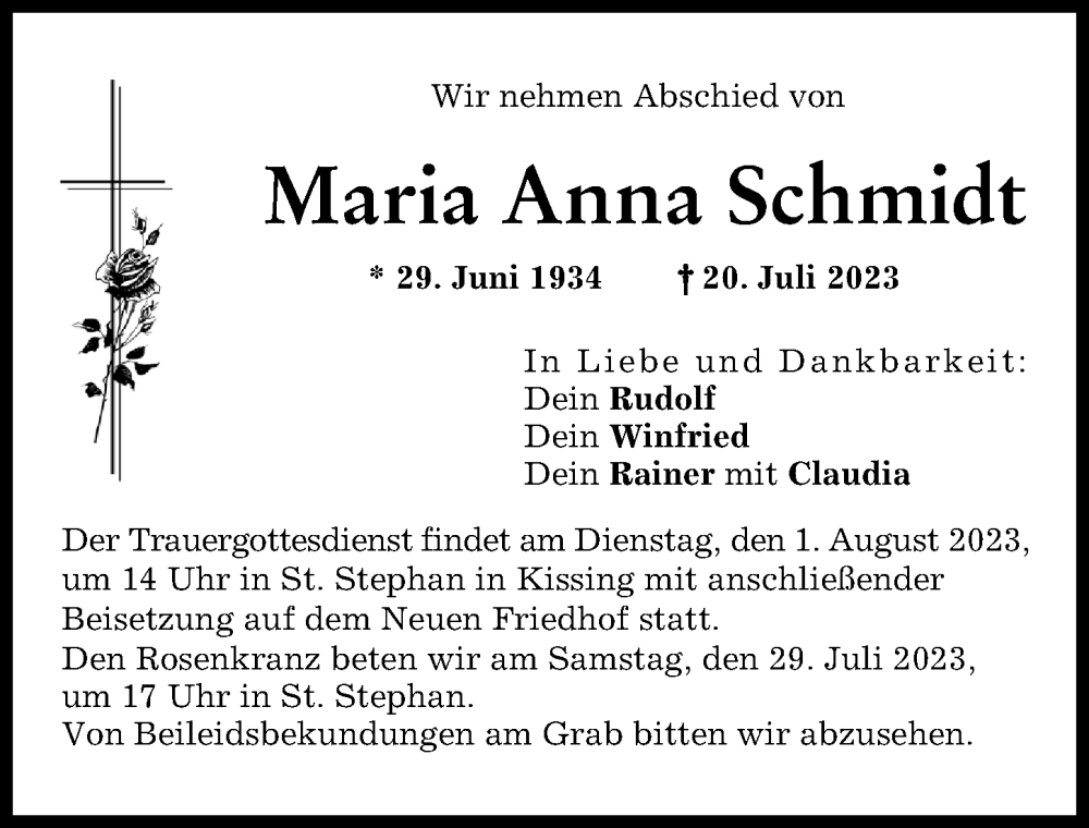 Traueranzeige von Maria Anna Schmidt von Friedberger Allgemeine