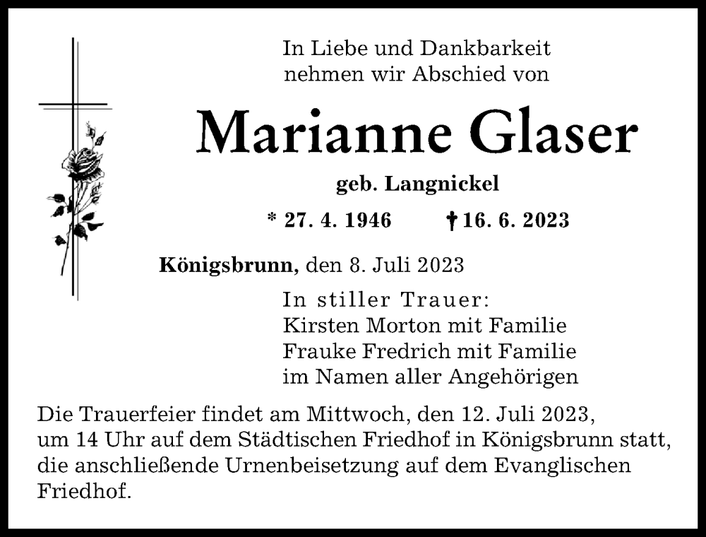 Traueranzeige von Marianne Glaser von Schwabmünchner Allgemeine