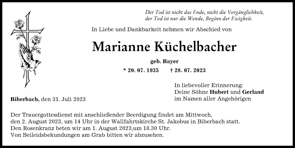 Traueranzeige von Marianne Küchelbacher von Wertinger Zeitung, Augsburg-Land