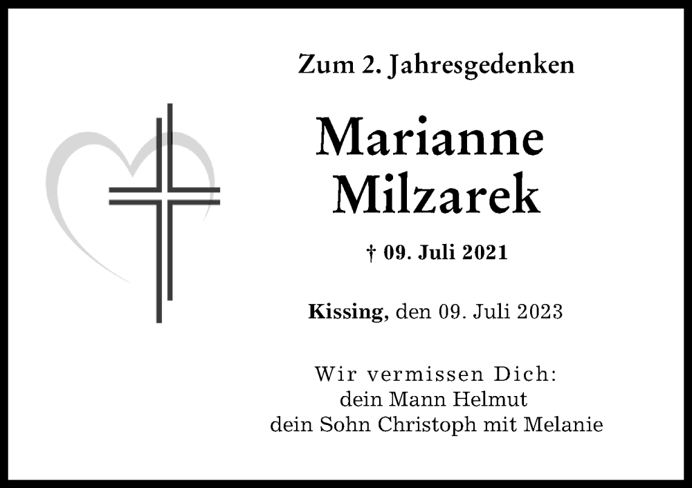 Traueranzeige von Marianne Milzarek von Friedberger Allgemeine