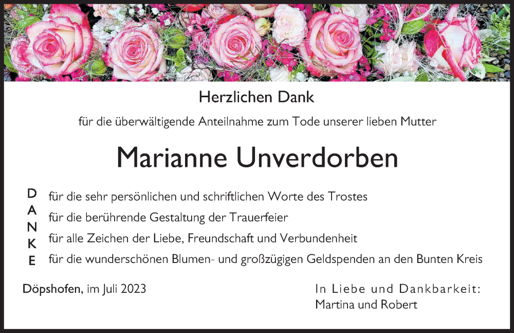 Traueranzeige von Marianne Unverdorben von Augsburger Allgemeine