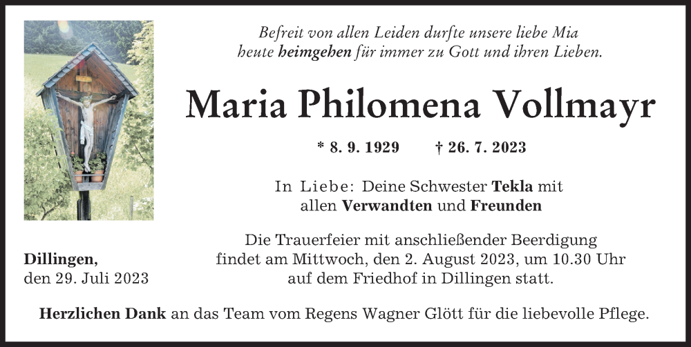 Traueranzeige von Maria Philomena Vollmayr von Donau Zeitung