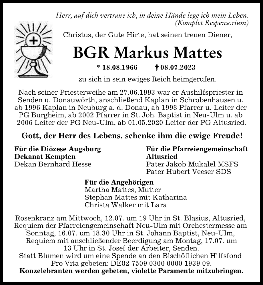  Traueranzeige für Markus Mattes vom 12.07.2023 aus Augsburger Allgemeine