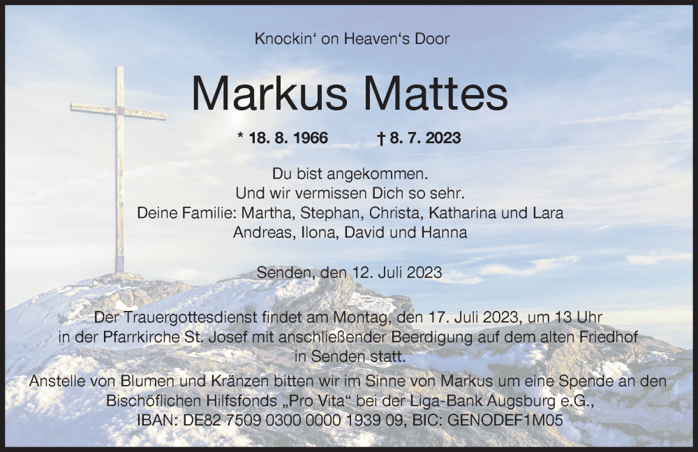  Traueranzeige für Markus Mattes vom 12.07.2023 aus Neu-Ulmer Zeitung