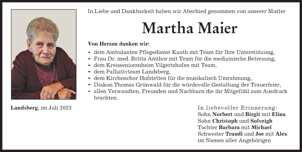 Traueranzeige von Martha Maier von Landsberger Tagblatt