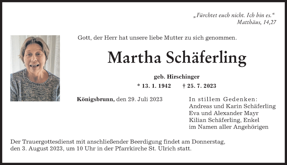 Traueranzeige von Martha Schäferling von Augsburger Allgemeine