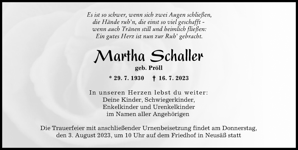 Traueranzeige von Martha Schaller von Augsburger Allgemeine