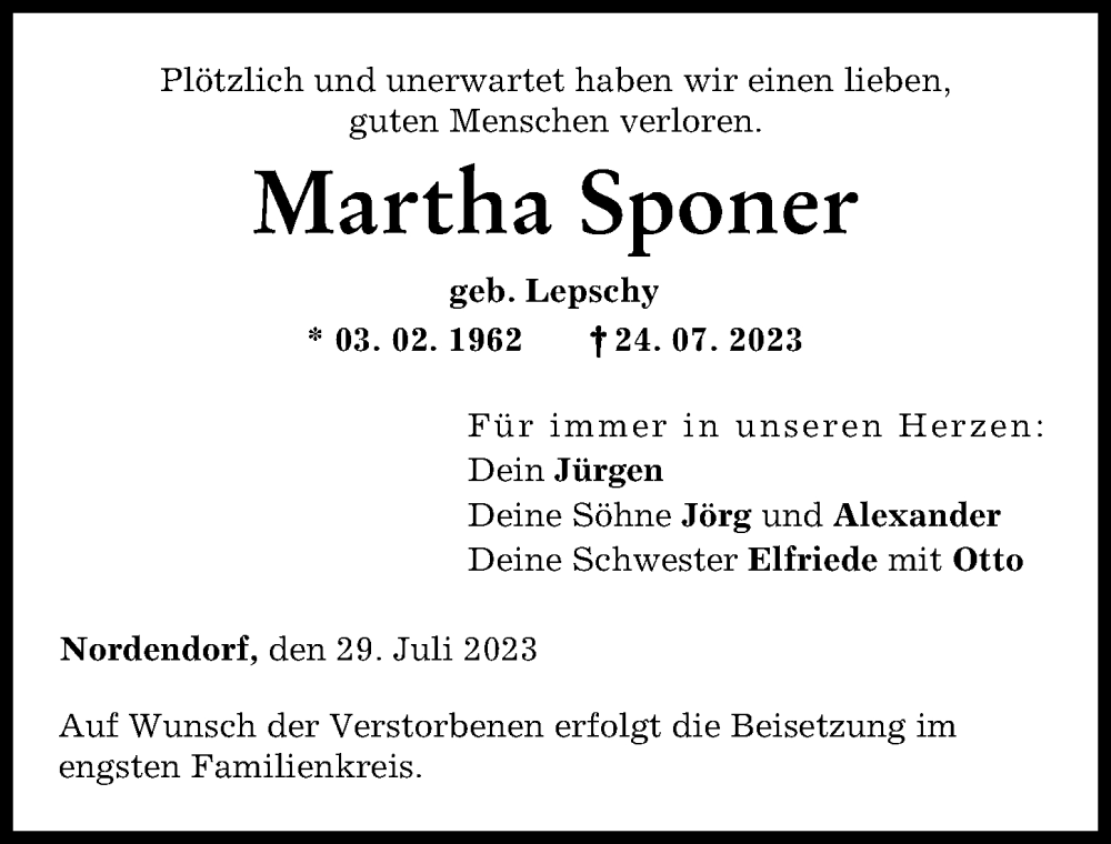 Traueranzeige von Martha Sponer von Augsburg-Land