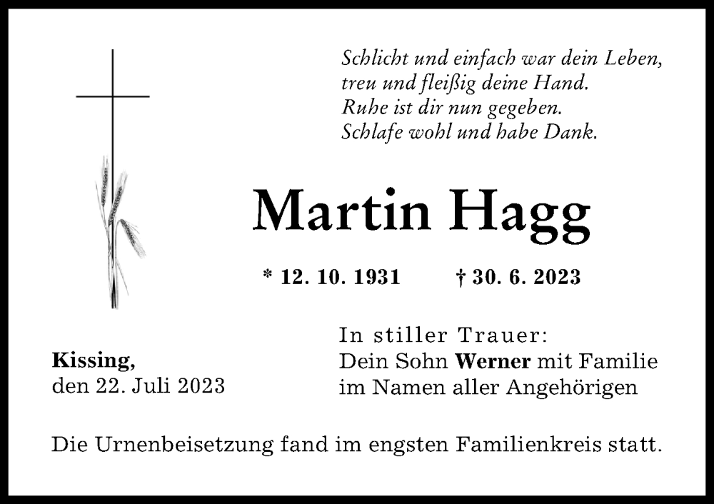 Traueranzeige von Martin Hagg von Friedberger Allgemeine