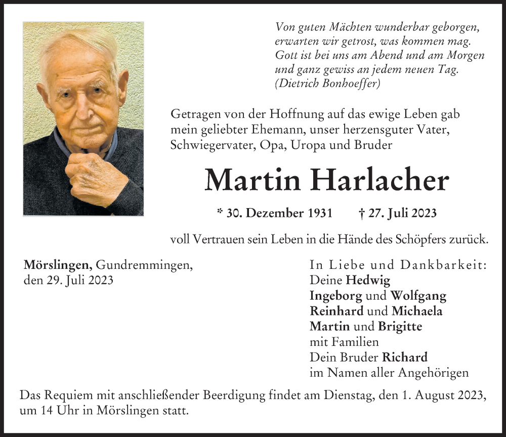 Traueranzeige von Martin Harlacher von Donau Zeitung