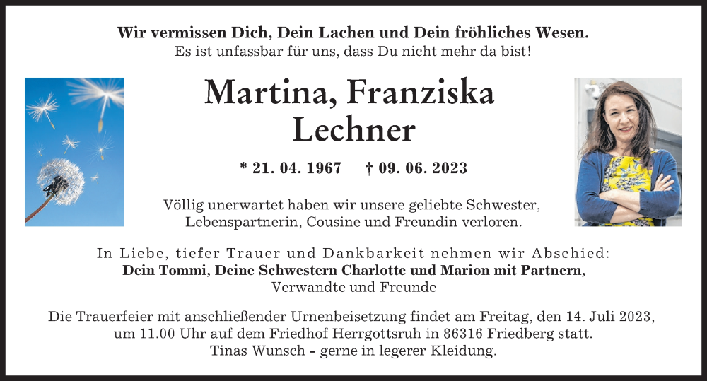 Traueranzeige von Martina Franziska Lechner von Augsburger Allgemeine