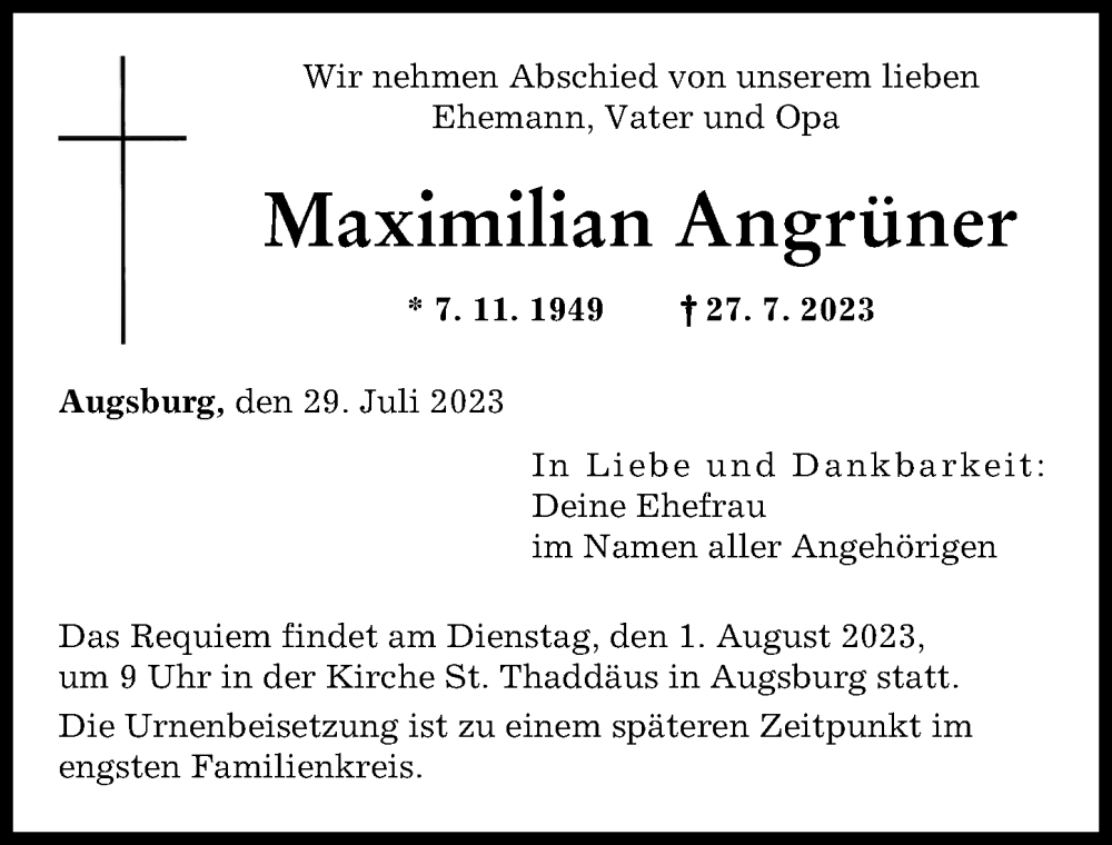 Traueranzeige von Maximilian Angrüner von Augsburger Allgemeine