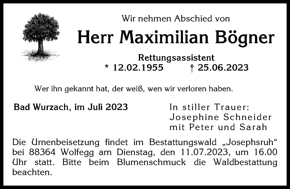 Traueranzeige von Maximilian Bögner von Mittelschwäbische Nachrichten