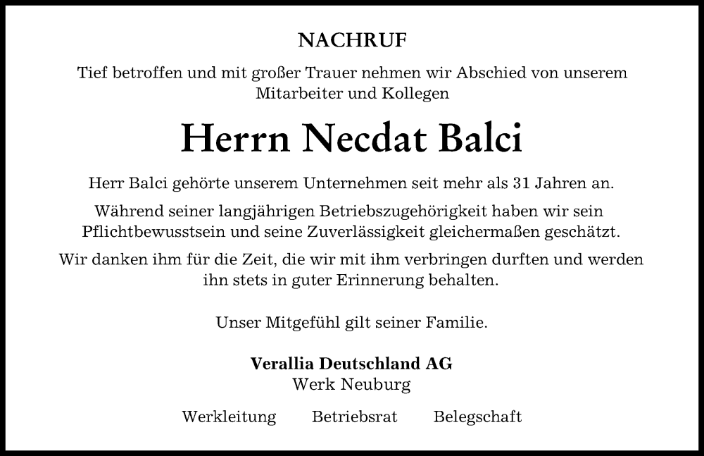 Traueranzeige von Necdat Balci von Neuburger Rundschau