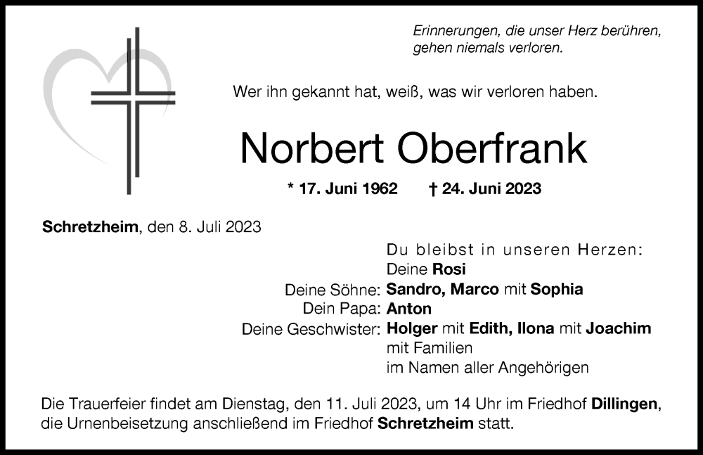 Traueranzeige von Norbert Oberfrank von Donau Zeitung