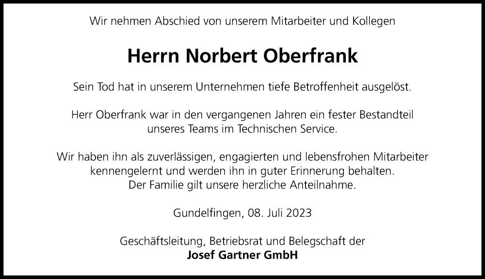 Traueranzeige von Norbert Oberfrank von Donau Zeitung