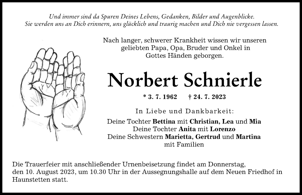  Traueranzeige für Norbert Schnierle vom 29.07.2023 aus Augsburger Allgemeine