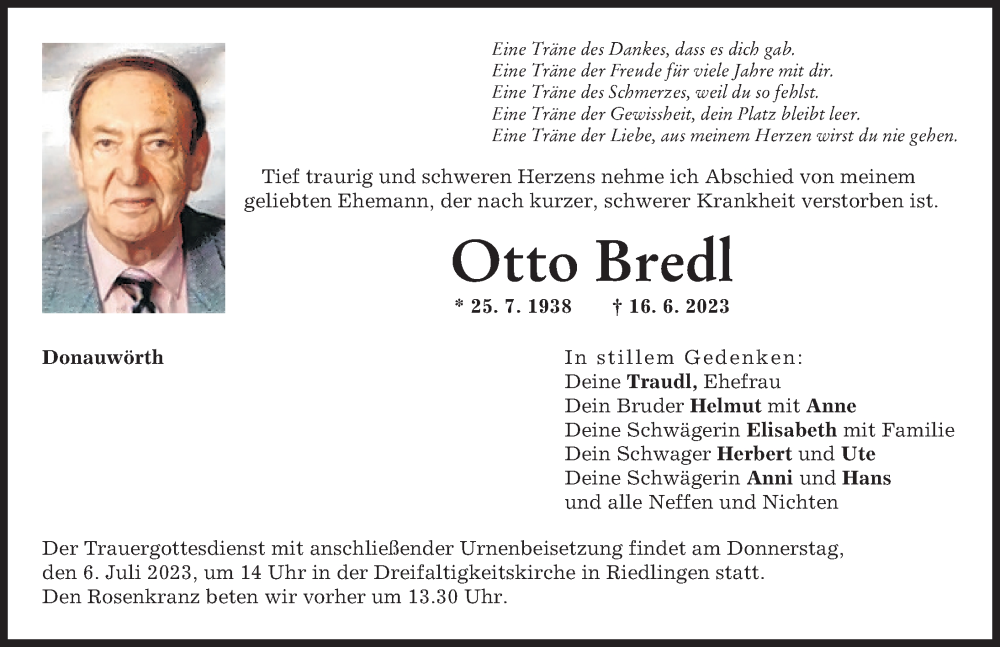 Traueranzeige von Otto Bredl von Donauwörther Zeitung