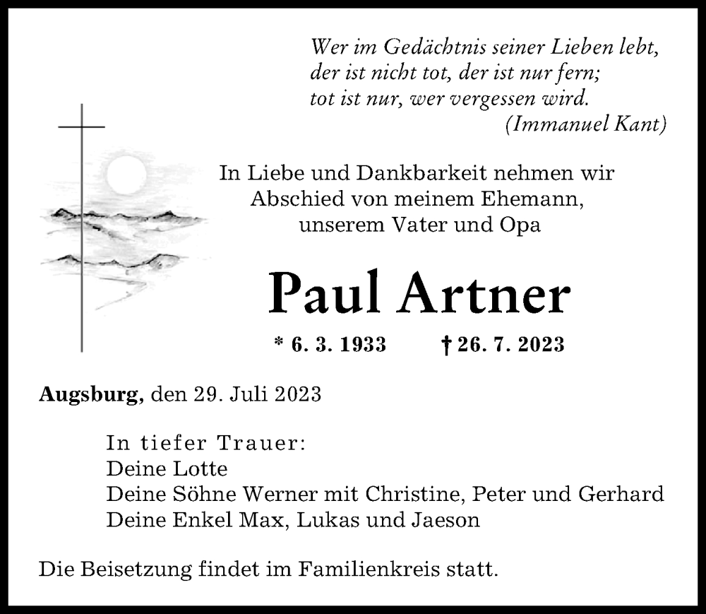 Traueranzeige von Paul Artner von Augsburger Allgemeine