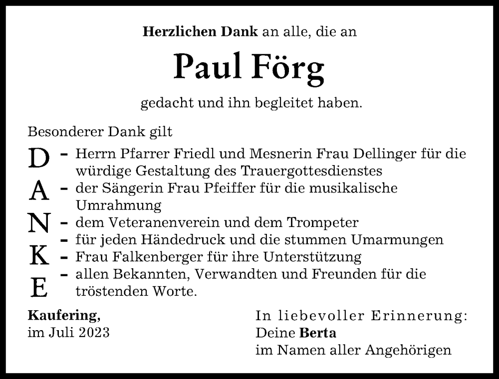 Traueranzeige von Paul Förg von Landsberger Tagblatt