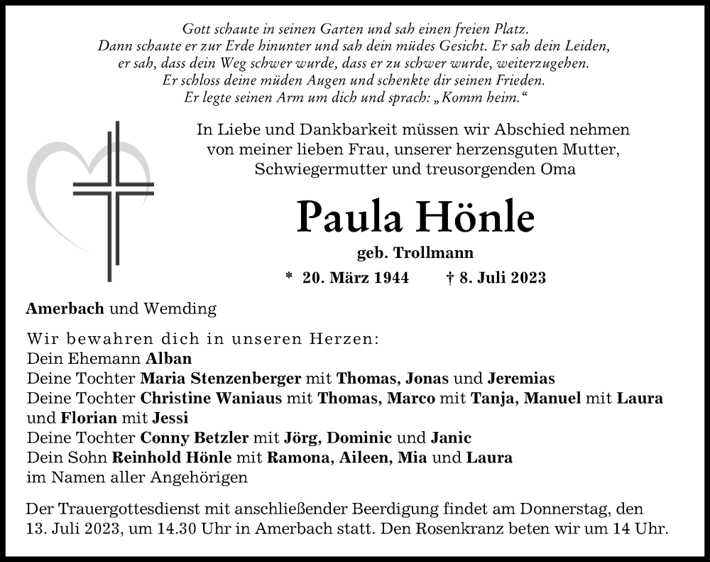  Traueranzeige für Paula Hönle vom 11.07.2023 aus Donauwörther Zeitung