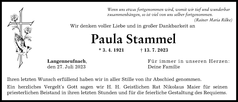 Traueranzeige von Paula Stammel von Schwabmünchner Allgemeine