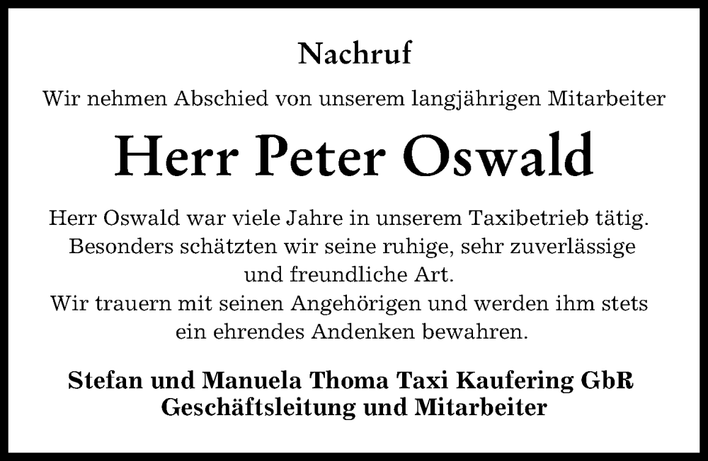 Traueranzeige von Peter Oswald von Landsberger Tagblatt